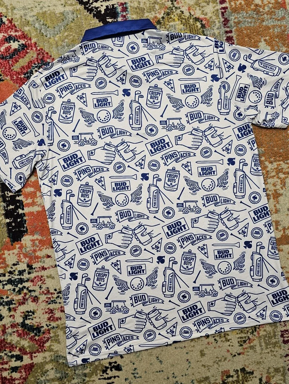 Pins & Aces Bud Light Crispy Boys Golf Polo Mens Large White Blue All Over Print